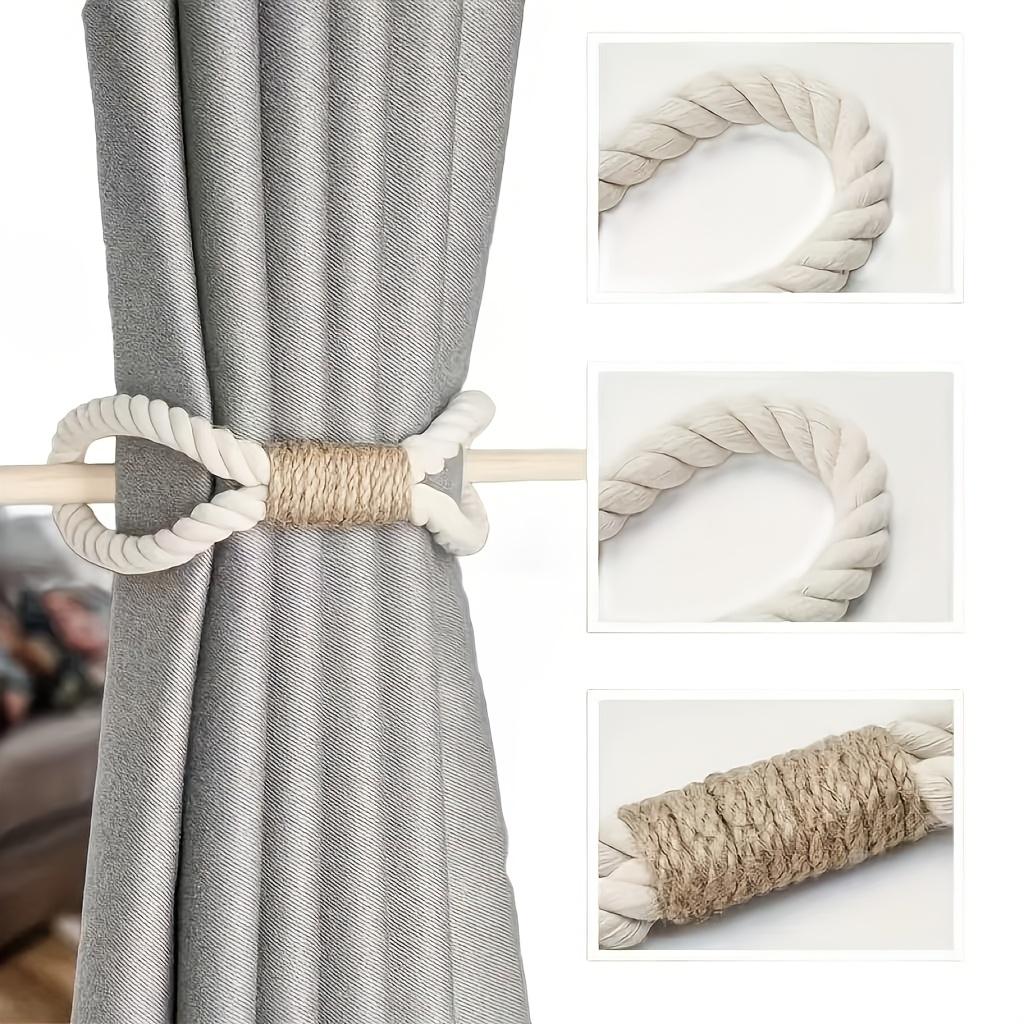 2pcs Boho Style Curtain Tiebacks, Rustic Solid Wooden Rods with Thick and Jute Rope, Simple Curtain Holdbacks for Bedroom & Living Room Decor