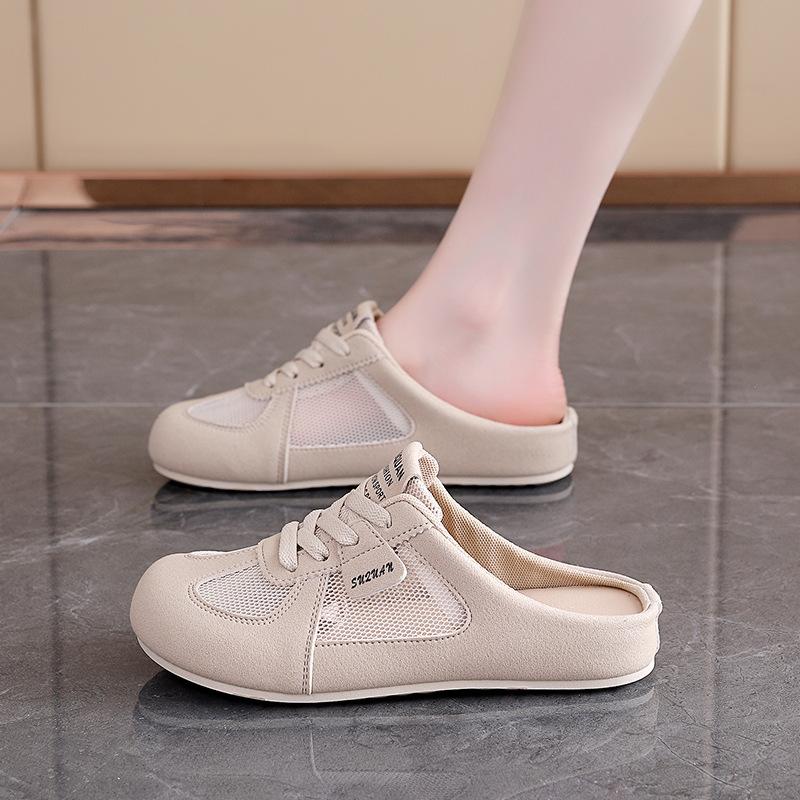 Fashion Women's Shoes Fashion Mesh Breathable Flat Shoes Non Slip Round Toe Outdoor Women's Lace Up Baotou Half Slipper Sandalias Mujer