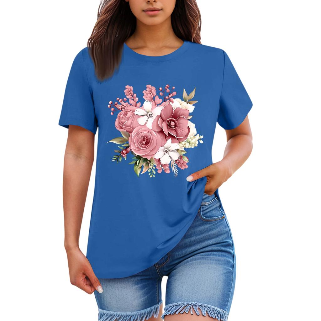 Ladies' Loose Comfortable Casual Fashionable Plant Flower Printed Round Neck Short Sleeved Shirt