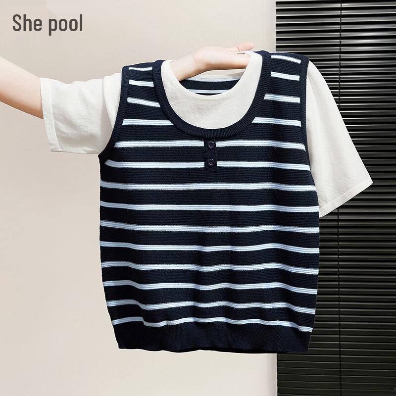 Women s Faux Two-Piece Color-Block Striped Short Sleeve Knit Top One Size