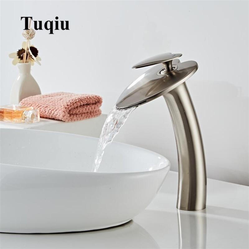 Basin Faucet Nickel Waterfall Faucet Brass Brushed Gold Bathroom Faucet Bathroom Basin Faucet Mixer Tap Hot and Cold Sink Faucet