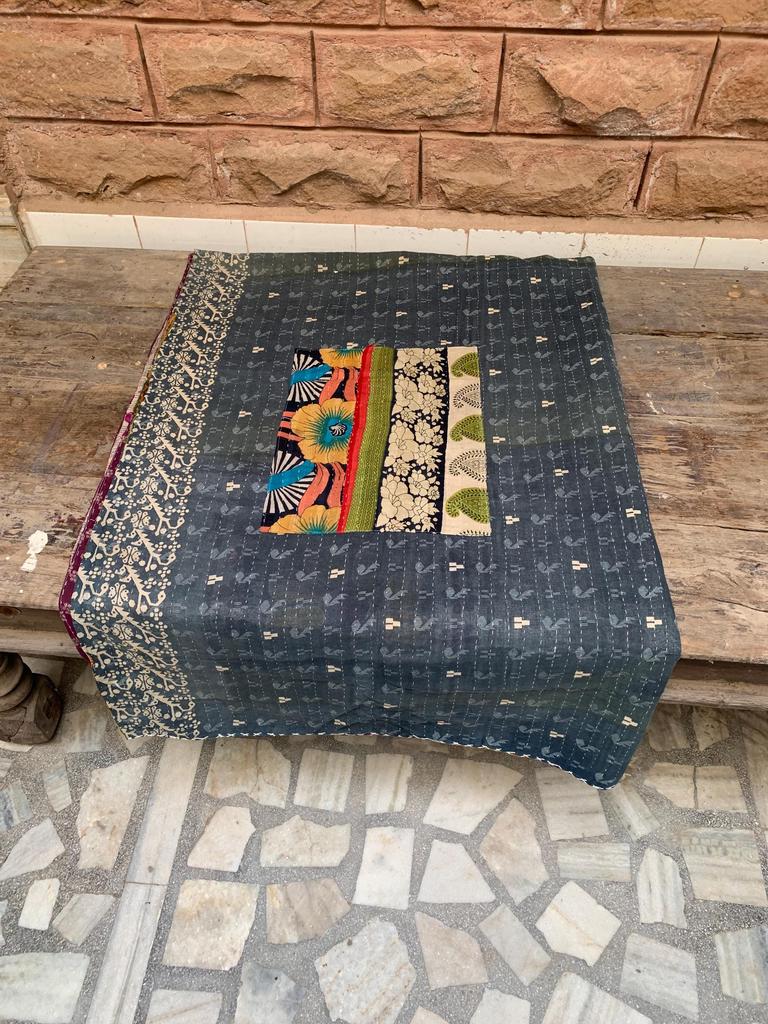 Handmade Kantha Quilt: Green Floral Vintage Sari Throw Blanket
