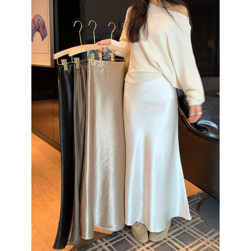 Kumikumi High-Grade Solid Elegant Satin Versatile Skirt Women's Autumn High Waist Slimming Fishtail Skirt Long Dress