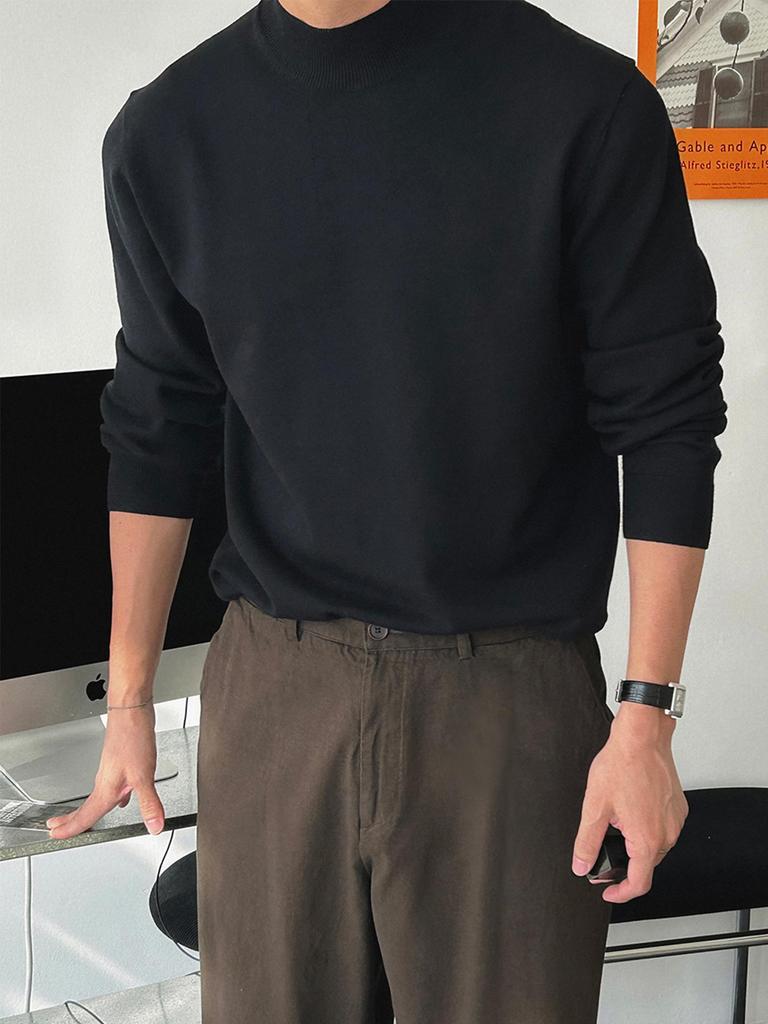 Herrenschwarzer Rollkragenpullover im Hongkong-Stil, Slim Fit, einfarbig, warme Strickware für Herbst/Winter