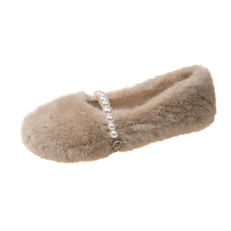 New Winter Suede Fluffy Shoes for Women To Wear with One Pedal, Beanie Shoes, Warm Pearl Flat-soled Cotton Shoes