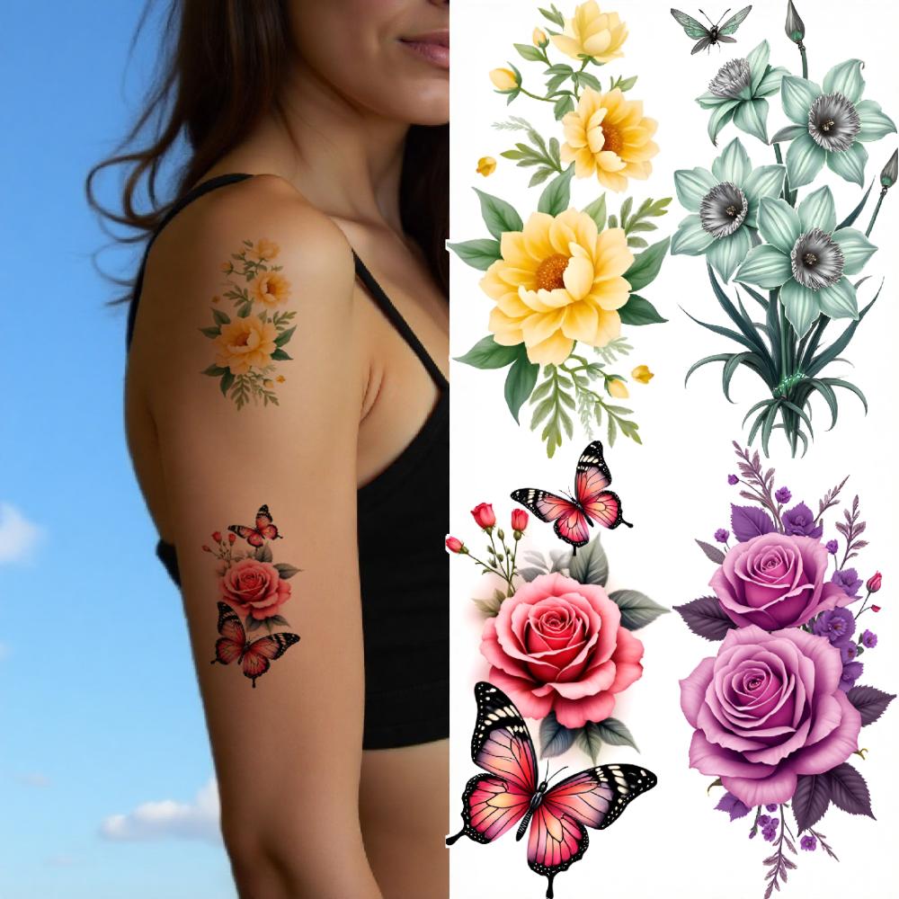 9 Stück Blumen Temporäre Tattoos für Männer Frauen Pflanze Narzisse Rose Pfingstrose Fake Tattoo Aufkleber Wasserdicht Körper Arm Tattoo Aufkleber