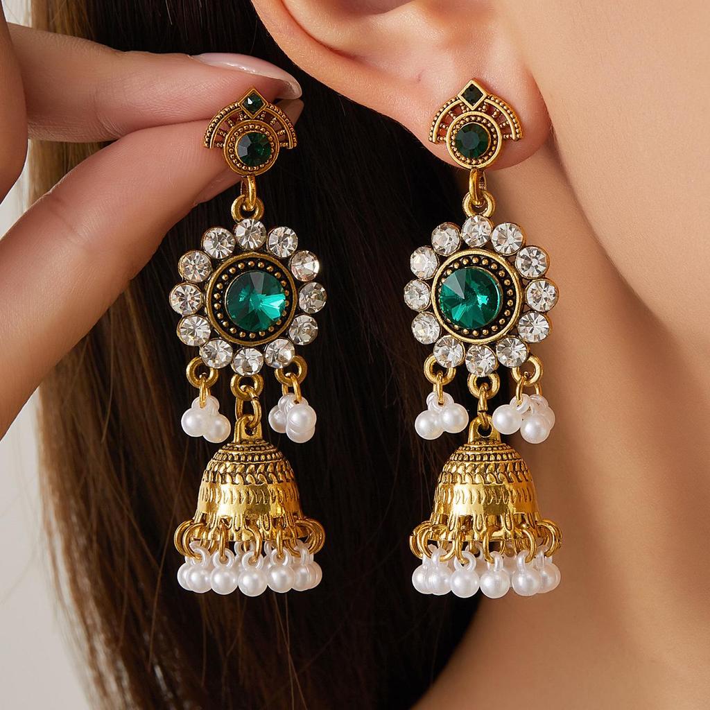 Cross-Border Ethnic Tassel Rhinestone Pearl Earrings for Women - Luxurious, Trendy Retro Studs