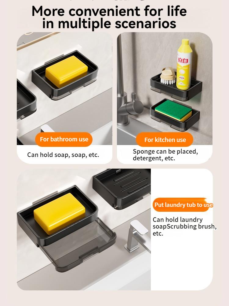 No Punch Soap Storage Rack No Drill Bath Soap Holder Free-Punch Wall Mounted Soap with Cover Plastic Drain Soap Box Household Ba
