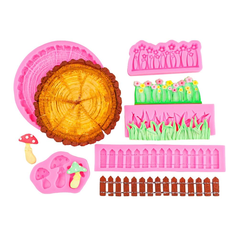 WTEMPO Flower Clusters & Mushroom Fences & Simulated Tree Stump Design Sugar Chocolate Silicone Mold DIY Epoxy Resin Mold Cake Decoration Making Mold 5pcs