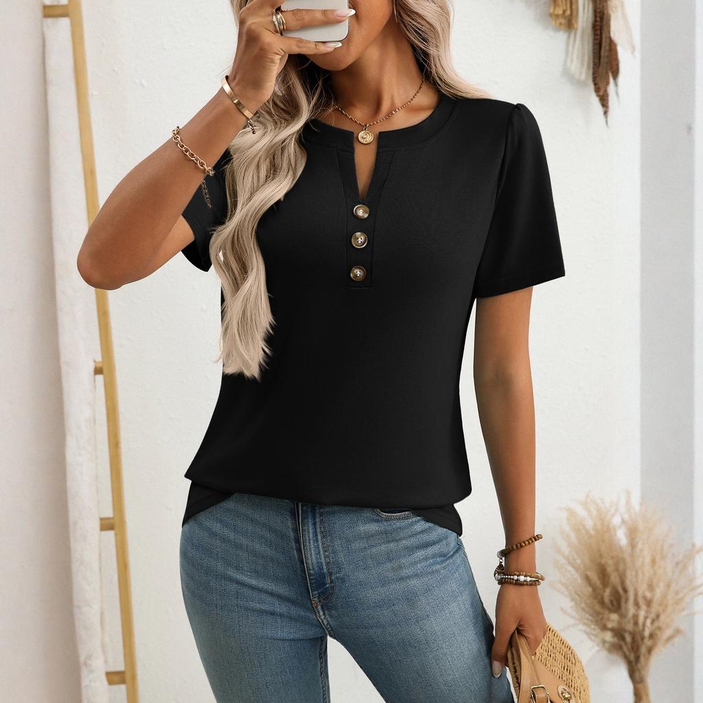 Women's Fashionable Casual Button-Up V-Neck Short-Sleeve T-Shirt