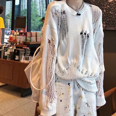 Gothic Hollow Out Sweater Hole See Through Oversized Knitted Pullovers Emo Streetwear Grunge Clothes Y2k Tops