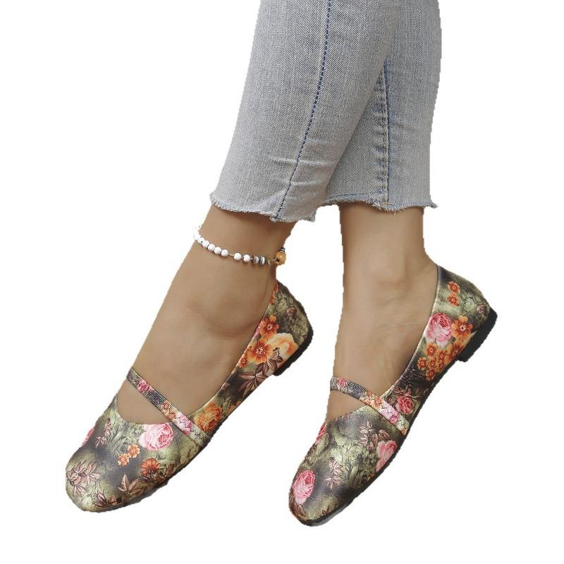 Women's Wide Width Printed Slip-On Flats - Square Toe Pattern Loafers with Low Block Heel for Spring, Fashion Casual Shoes