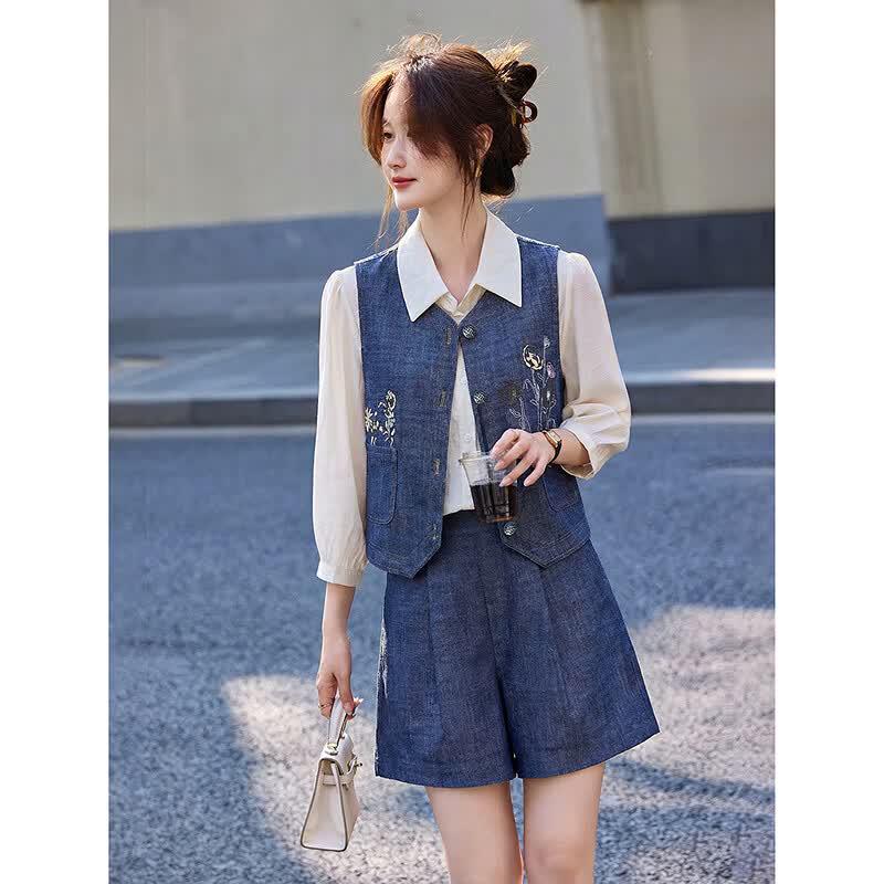 Embroidered Denim-Look Vest and Shorts Set