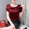 European Women Clothes T-shirts Sexy Square Neck Short Sleeved Slim Tops Chic Female 3D Applique Flower Tees Clothing