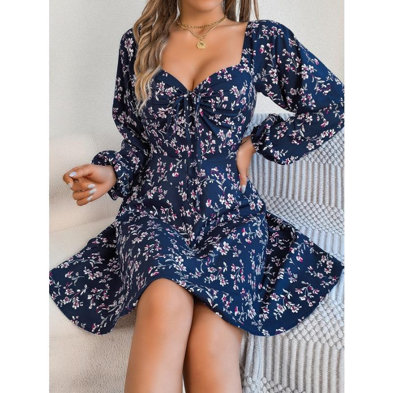 Dámské podzimní a zimní ležérní šaty s čtvercovým výstřihem na zavazování, s květinovým vzorem, s dlouhým rukávem áčkového střihu