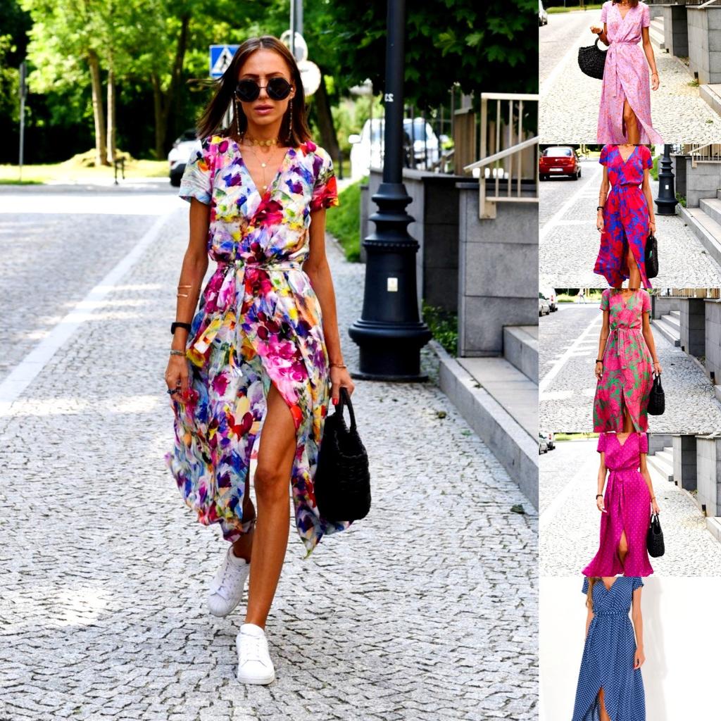 Summer Floral Print Long Dresses Women Sexy V Neck Split Lace-up Dress Female Casual Elegant Short Sleeve Beach Dress Vestidos