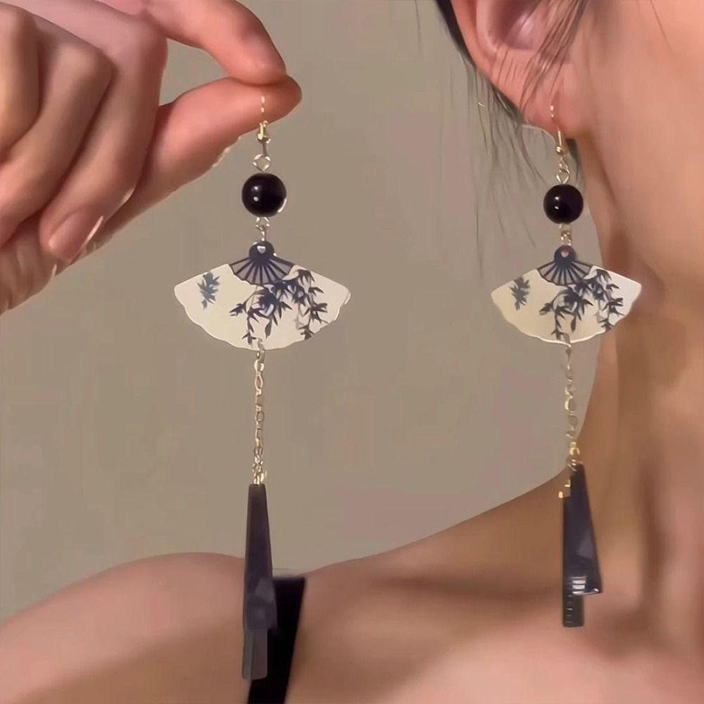 Hook Piercing Chinese Style Earrings Leaf Exaggerated Long Earrings Fan Shaped Drop Earrings  Women