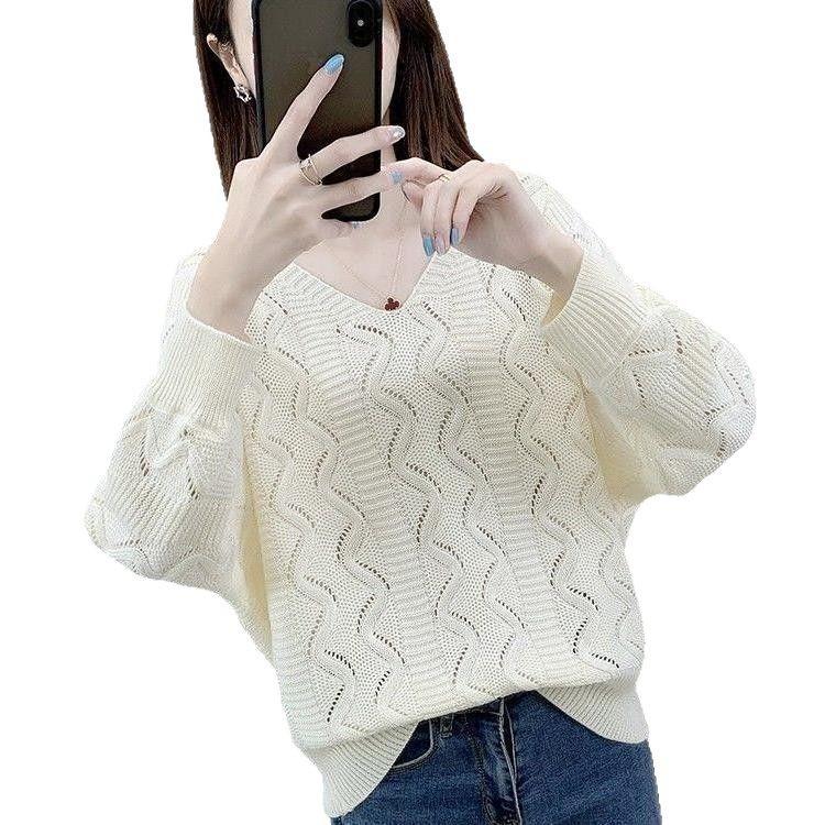 Lazy Bat Sleeve Hollow Knitted Sweater Spring and Autumn Fashion Casual Thin Long-sleeved Top Women's V-neck Pullover