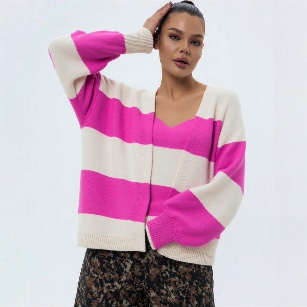 Pullover im europäischen und amerikanischen Stil, farbblockierter gestreifter Cardigan für Damen, lockere Strickjacke mit langen Ärmeln für Damen, Damenpullover