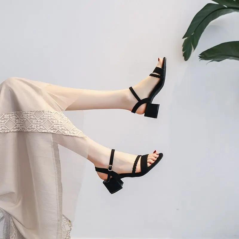 Fashion Summer 2024 Ladies Shoes for Office Work Open Toe Sandals Women Apricot Black High Heels Buckles Thick Heel Medium with Strap H