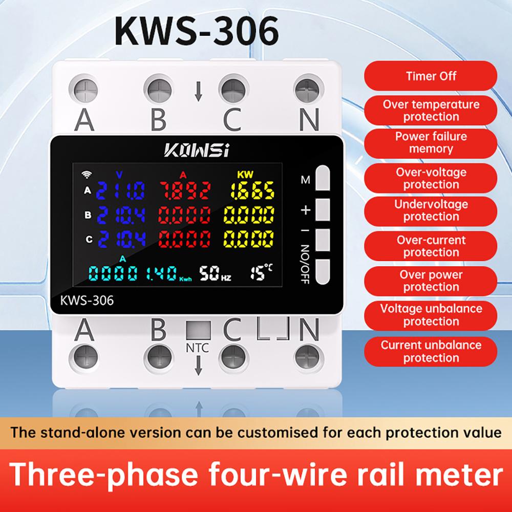 

WIFI Power Energy Meter AC Monitor AC 85-290V 80A 3 Phase 4-wire Rail Over Under Voltage Protector Electricity Meter