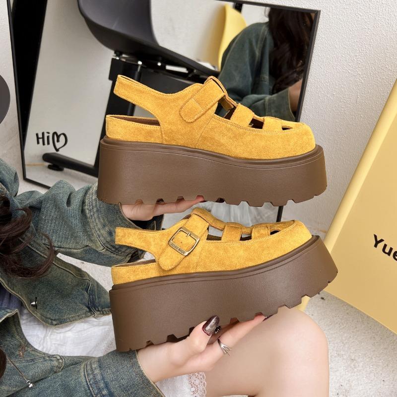 Leather woven bag head sandals for women's summer new thick soles increase 7CM one-word buckle for women