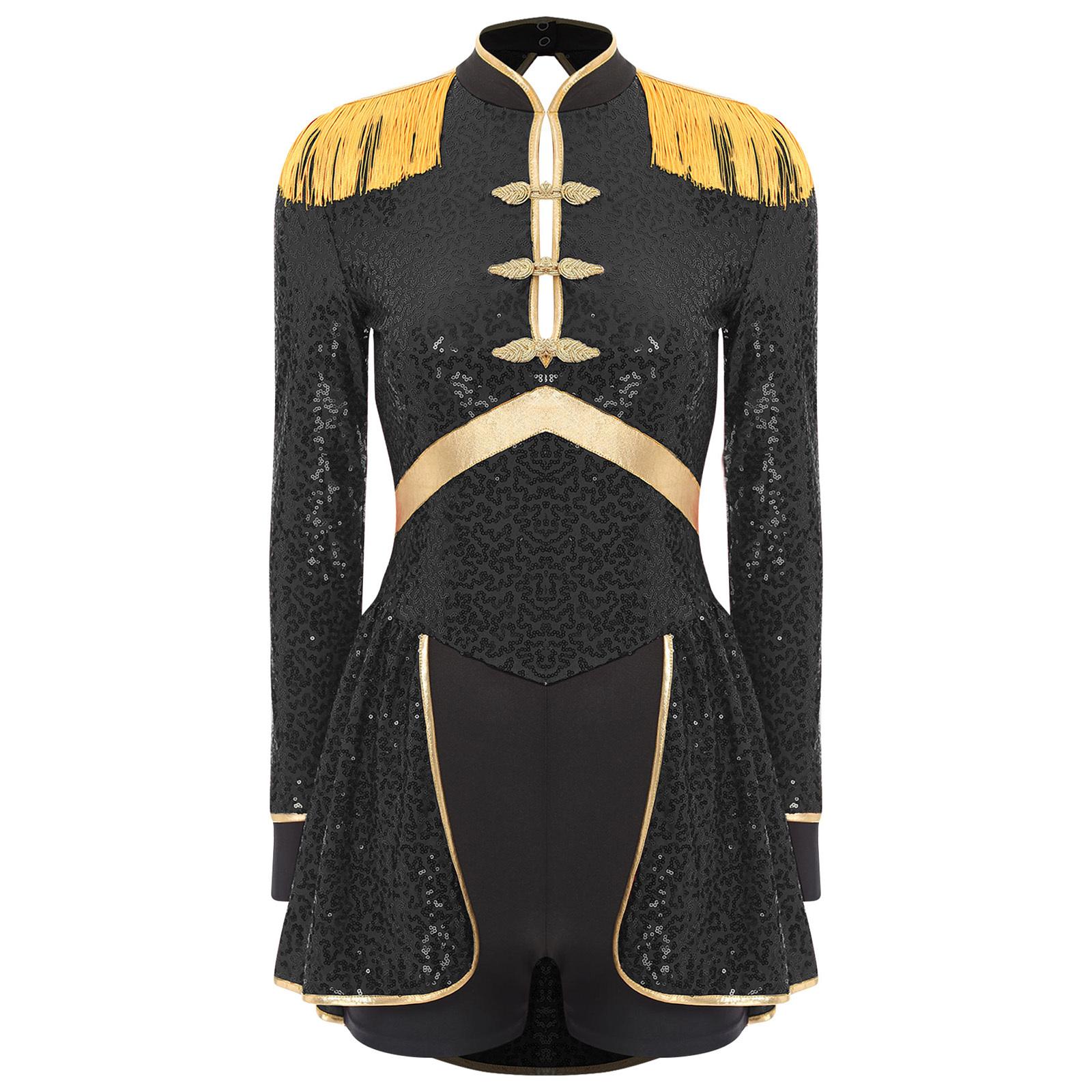 

Women Circus Magician Cosplay Bodysuit Long Sleeve Sequins Fringe Epaulet Ringmaster Drummer Halloween Costume S чорний
