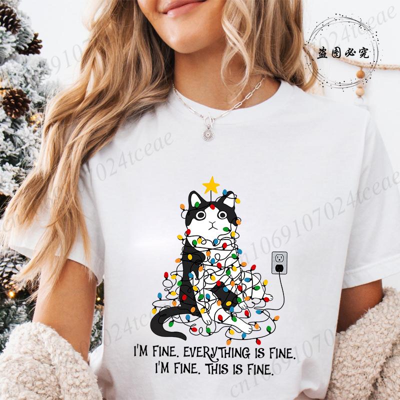 Funny Christmas Cat Women TShirt Xmas Cat Graphic TShirts Tops Short Sleeve Tees Casual Harajuku Street Tshirt Female Clothing