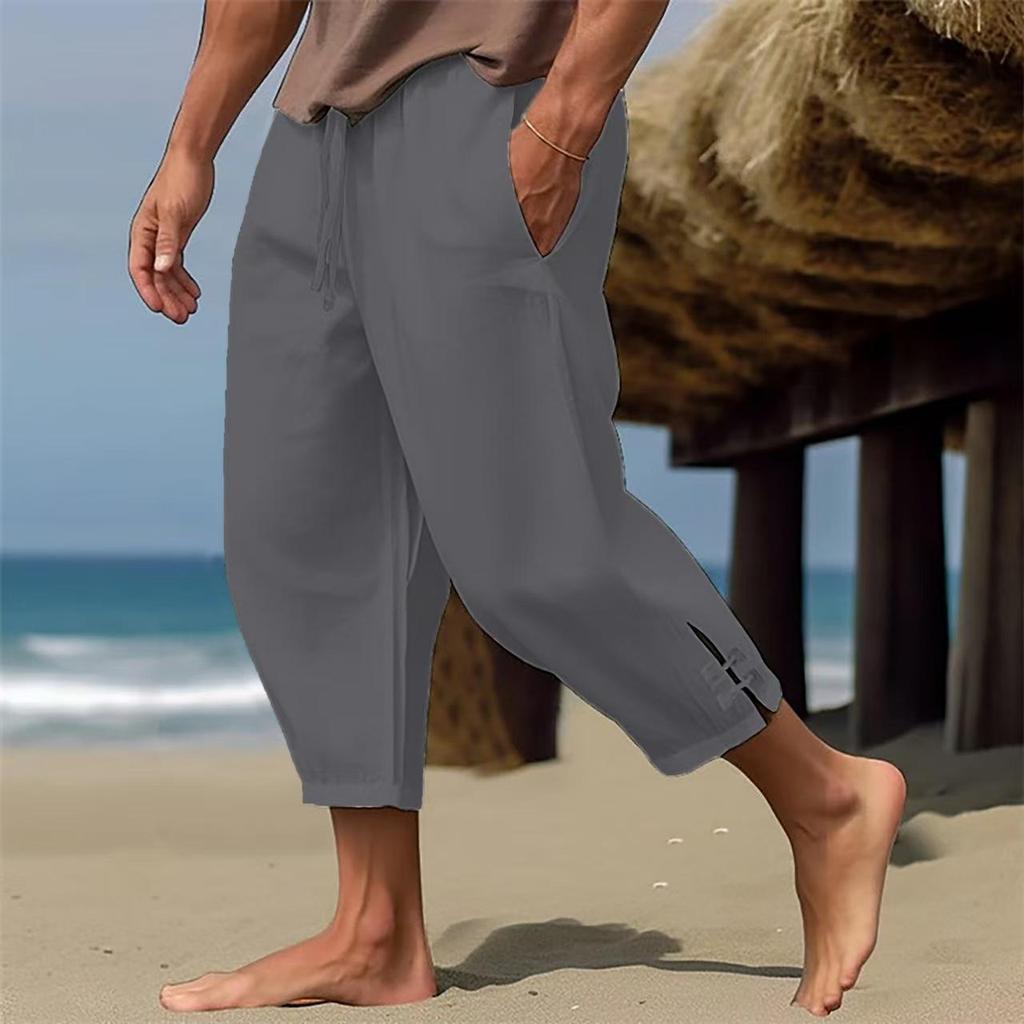 Pantalones Capris Casuales de Hombre 2025 con Cintura de Cordón y Múltiples Bolsillos de Algodón Lino para Verano