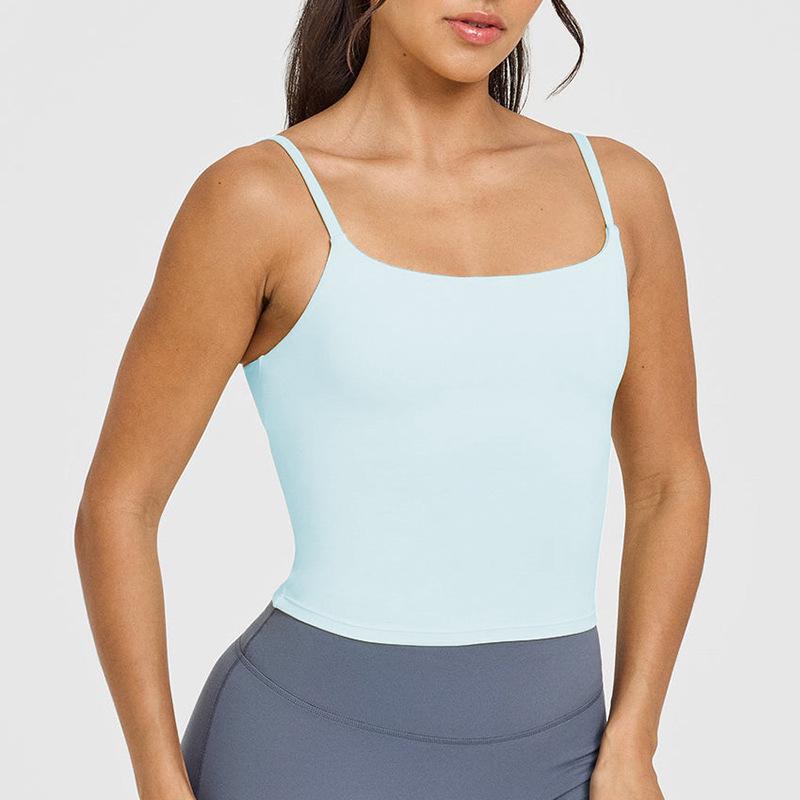 

Женский летний спортивный топ для йоги: Спортивный бюстгальтер с U-образным вырезом и эффектом обнажённой кожи , с красивой спинкой и подушечками для груди Large светло-синий