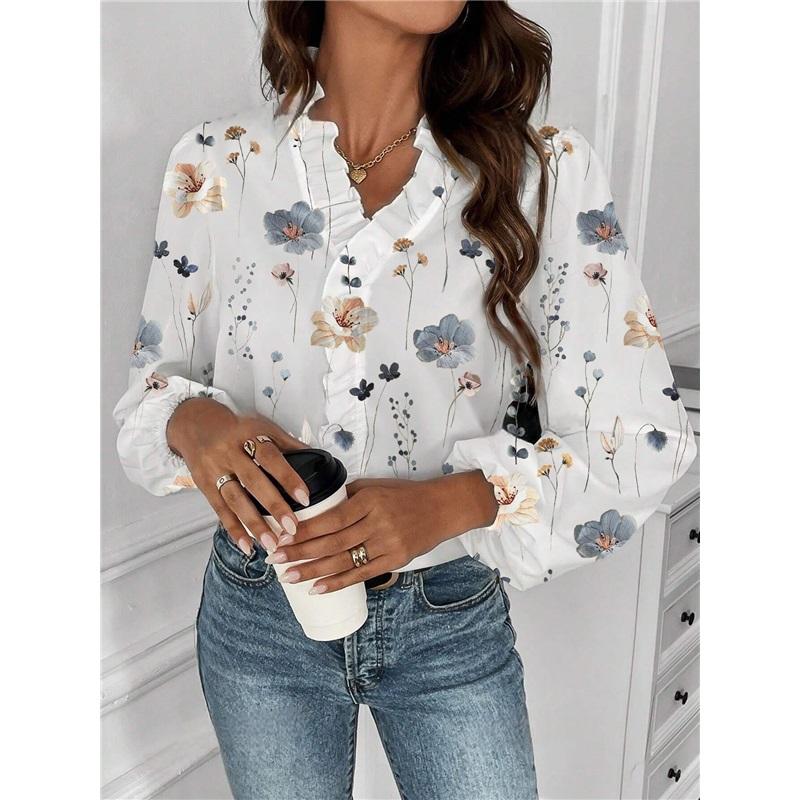 Women s Casual Ruffle-Sleeve Long-Sleeve Shirt Spring/Summer 5XL