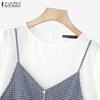 ZANZEA Women Casual Fake Two Piece Patchwork Grid Print Short Sleeve T-Shirts