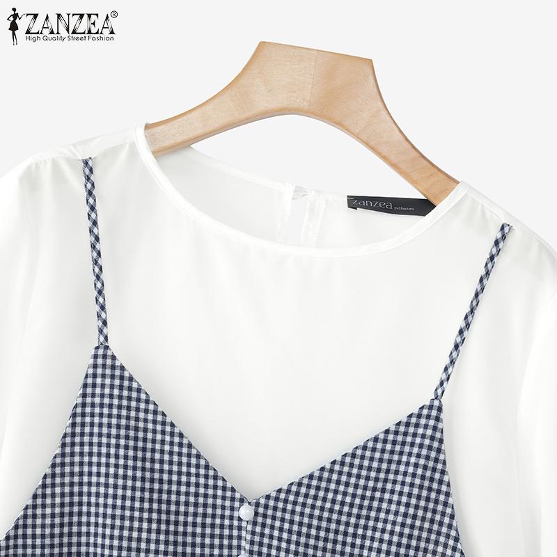ZANZEA Women Casual Fake Two Piece Patchwork Grid Print Short Sleeve T-Shirts