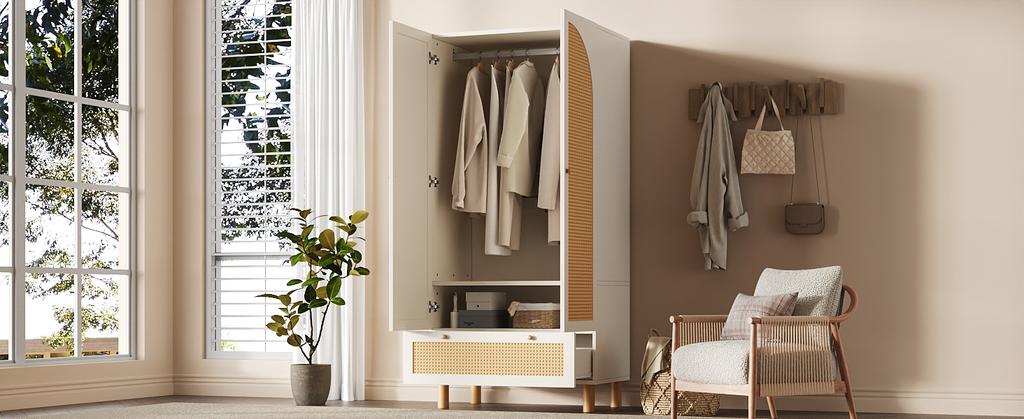 Kleiderschrank mit 2 Türen & Rattan, Landhausstil Weiß, Schublade, Höhenverstellbare Einlegeböden & Kleiderstange, Kippsicherung, 180x85x52 cm (H/B/T)