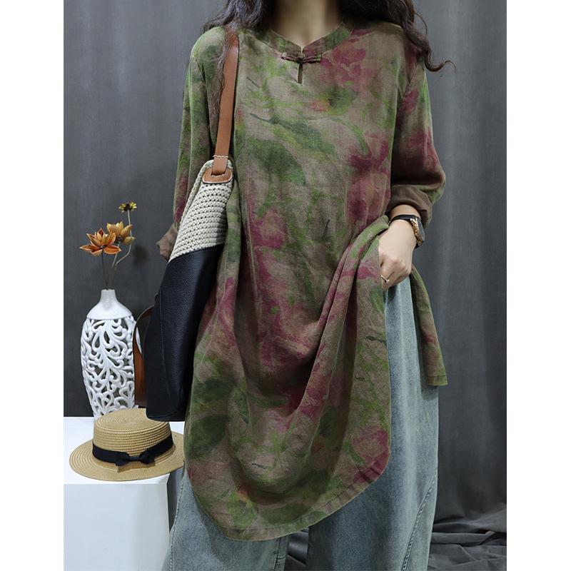 2026 New Cotton and Linen Retro Print Women's Mid-Length Shirt Dress with Stand Collar and Frog Buttons