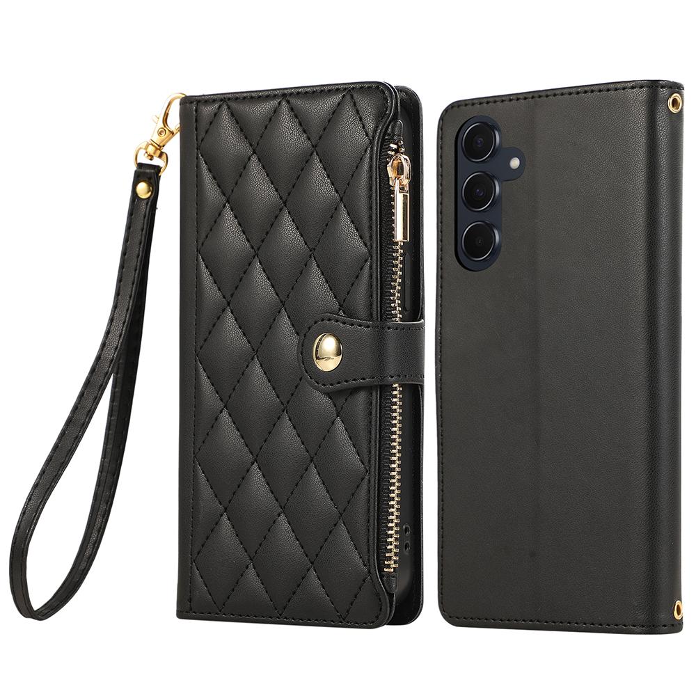 For Samsung Galaxy A16 4G/5G/A26 5G Case Multi Card Slots Zipper Rhombus Leather Phone Cover with Wrist Strap