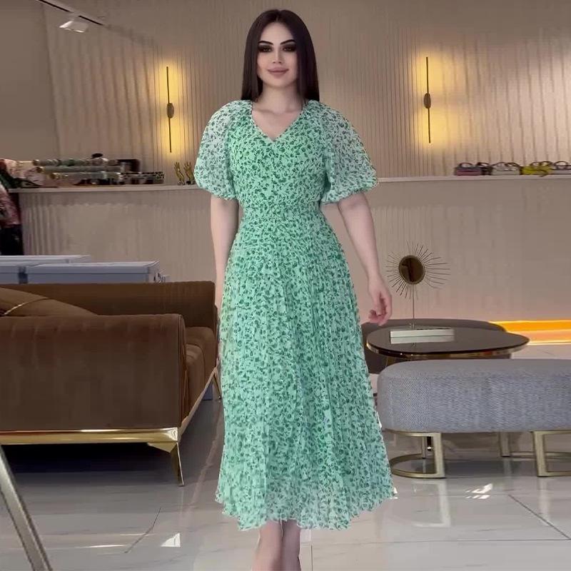 2024 Summer European and American Women's V-neck Slim Fit Pastoral Floral Dress