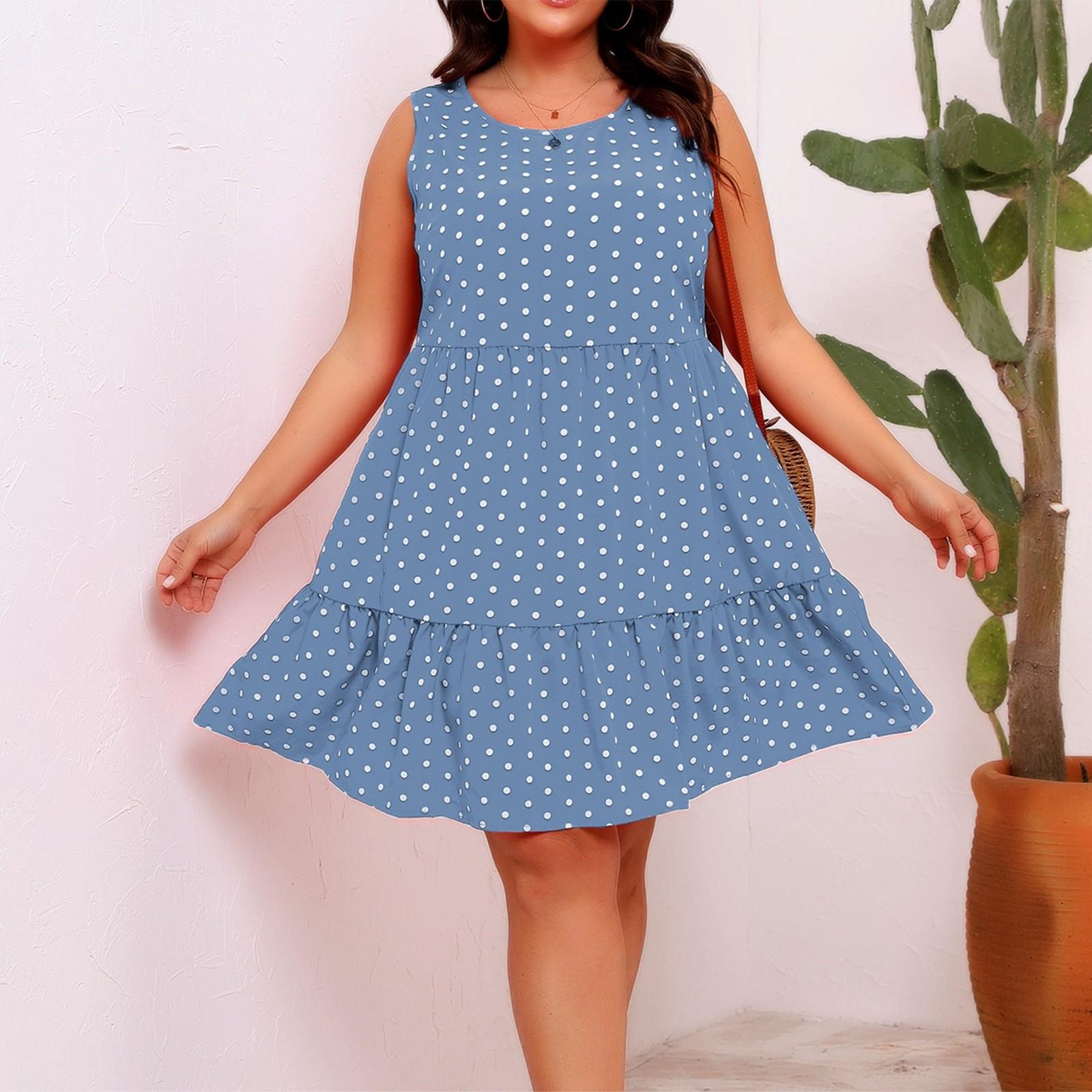 

Round Neck Sleeveless Polka Dot Loose Swing Ruffled Dress XXXXL