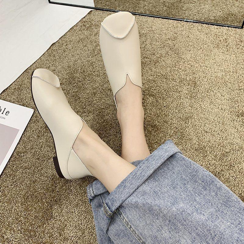 Shoes Womens Square Soft Leather Head Lightweight Wearresistant Antislip Autumn Flat Shoes Soft Sole Easy To Wear Pure Color Versatile Shoes