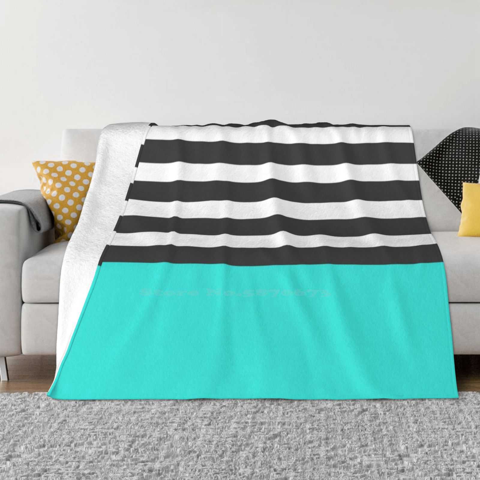 Black And White Stripes With Aqua New Selling Custom Print Flannel Soft Blanket Black White Stripes Aqua Pattern B W 30x40in