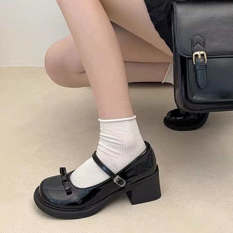 Coarse heel Mary Jane shoes women's autumn new bow versatile brown one-button small leather shoes