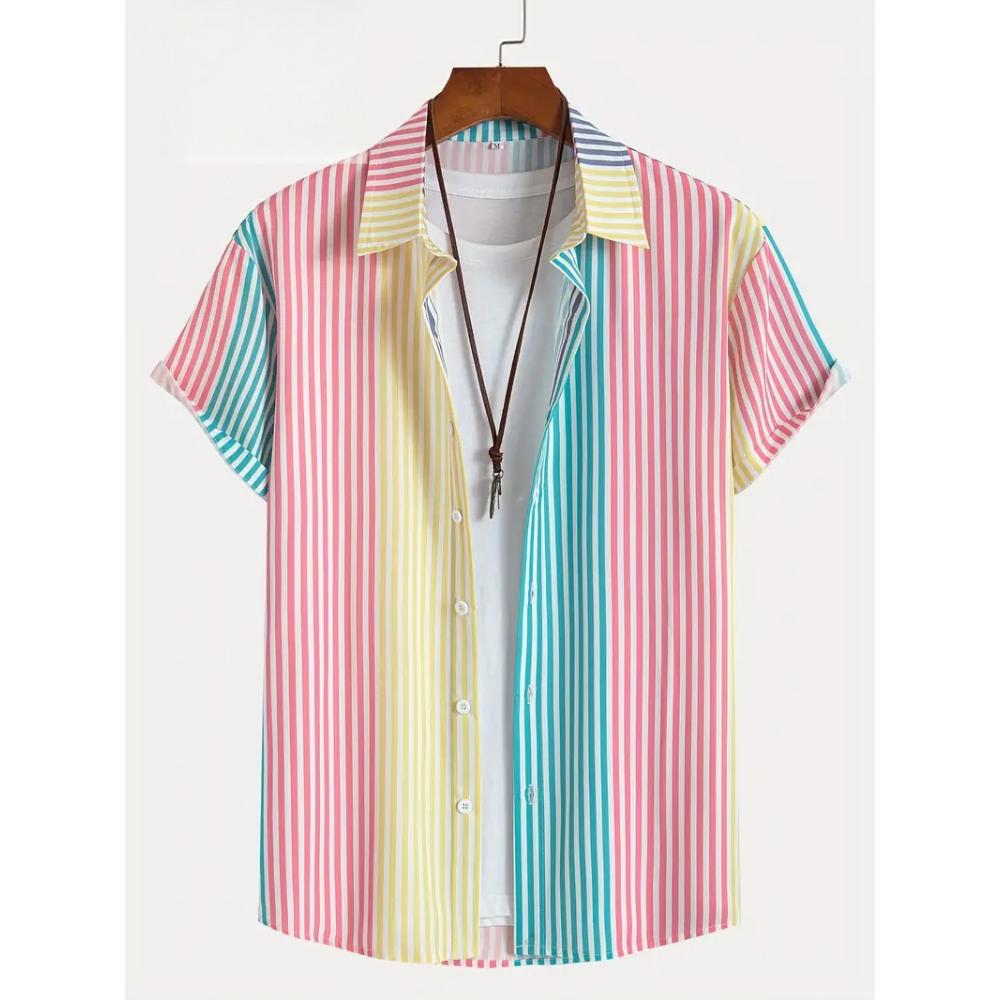 Men's Classic Striped Casual Shirt, Summer Loose Hawaiian Beach Top