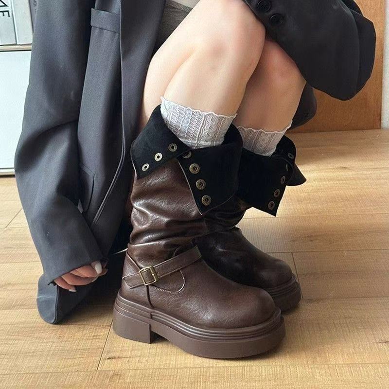 Spring and autumn British style knight boots Maillard wasteland style temperament is thin and tall, stacked and folded
