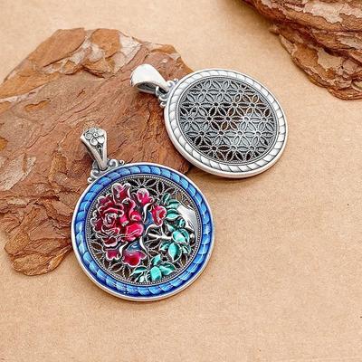Archaic Rhyme Chinese Style Peony Flower Necklace   Colored Enamel Circular Pendant Ethnic Style Pendant Jewelry
