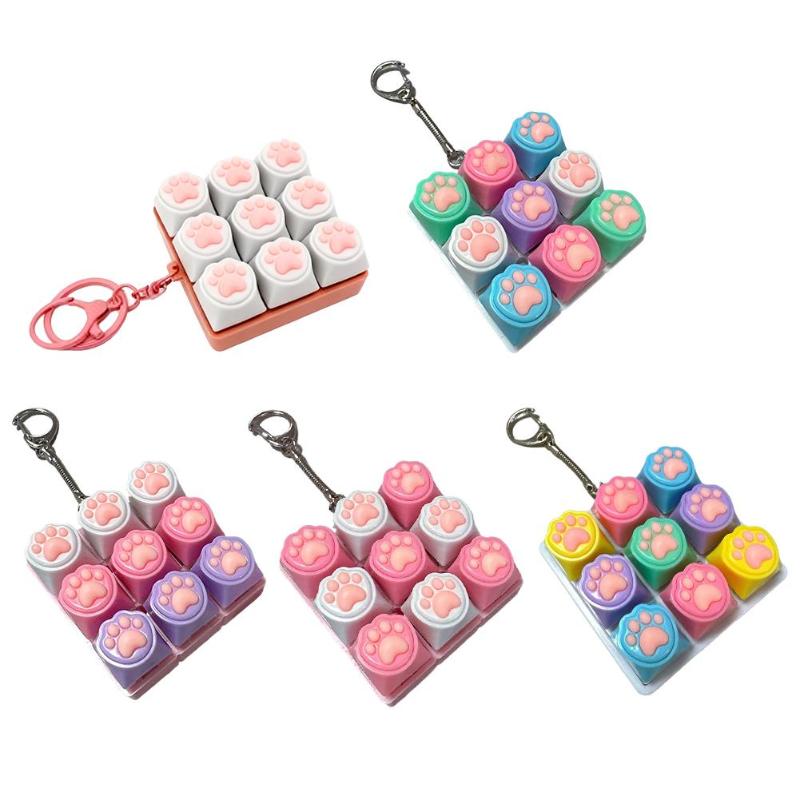 9 Keys Silent Keyboard Keychain Creative Cat Paw Keycap Fidget Toys Stress Relief Toys For Kids Adults Gift