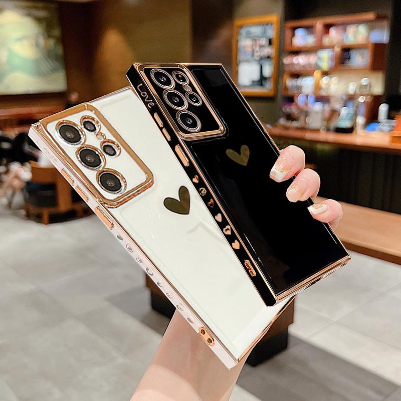 Quadratische Spiegelbeschichtung Liebesherz-Telefonhülle für Samsung Galaxy A53 5G S22 Ultra A 53 S 22 Goldrahmen Silikon-TPU-Abdeckungsschale