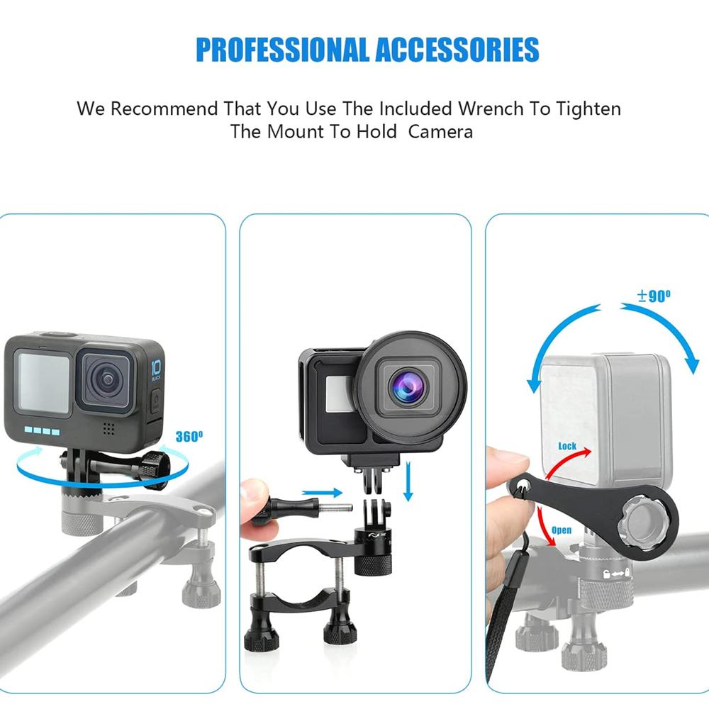 360 Degrees Rotary Aluminum Bike Bicycle Handlebar Mount for Gopro Hero 13 12 11 10 9 4Session 1/4 Screw Action Camera Mounting