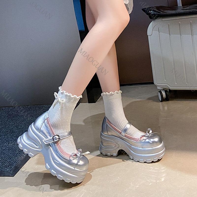 Fashion New Silver Bow Thick Bottom High-heeled Mary Jane Shoes College Style Shallow Mouth Fashion Pumps Autumn Heeled Single Shoes