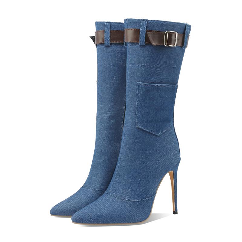 

Зимние женские полусапоги до середины икры, черные, синие, джинсовые, на высоком тонком каблуке, в стиле панк, для платья, для офиса, женские, с острым носком, с ремешком с пряжкой, на молнии, полусапоги 43