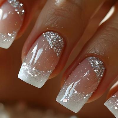 24x/Box French Tip False Nail Medium Square Press On Nail Sparkling Full Cover Stick On Nail Manicures Supplies